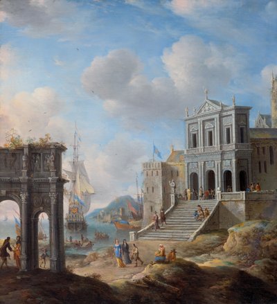 Capriccio with the Arch of Constantine and the Church of San Gregorio Magno al Celio beside a Harbor by Jan Abrahamsz. Beerstraten